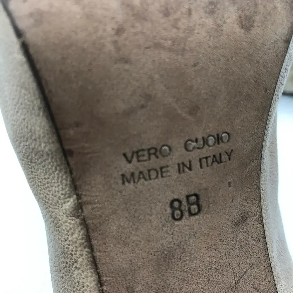 Tibi Tan Suede Pumps Wood Heels Womens 8 Cap Toe Snake Embossed Preppy Pumps